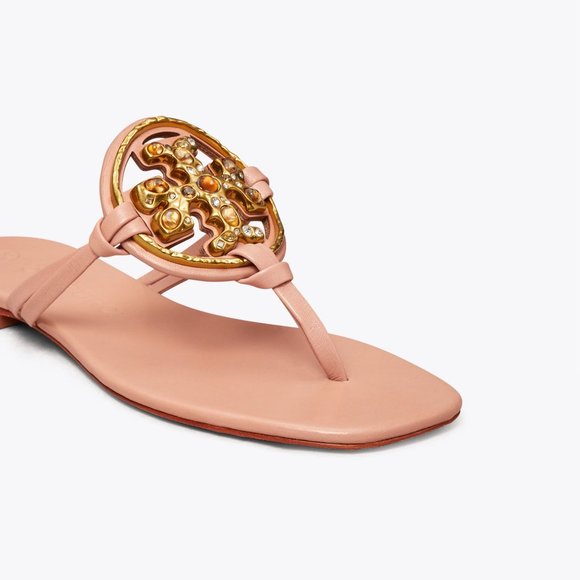 Tory Burch Miller Jeweled Leather Thong Sandals Meadowsweet Peachy Pink - Picture 11 of 14